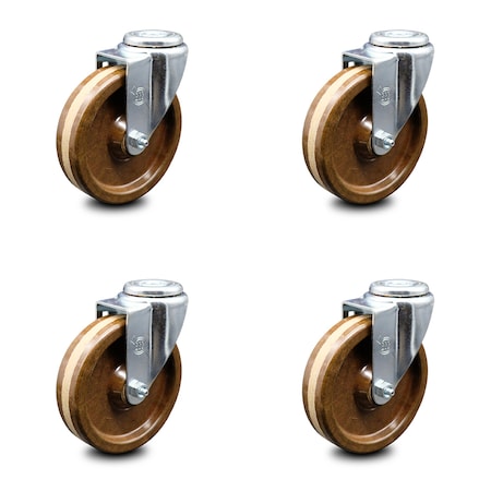 High Temperature Phenolic Swivel Bolt Hole Caster w/Roller Bearing Set of 4 w/5" x 1.25" Brown Wheels - Includes 4 Swivel - 1200 lbs Total Capacity - Service Caster Brand